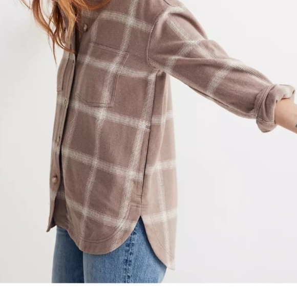 Madewell Kentwood Shirt Jacket Shacket Windowpane Flannel Tan Cream M - Picture 4 of 12